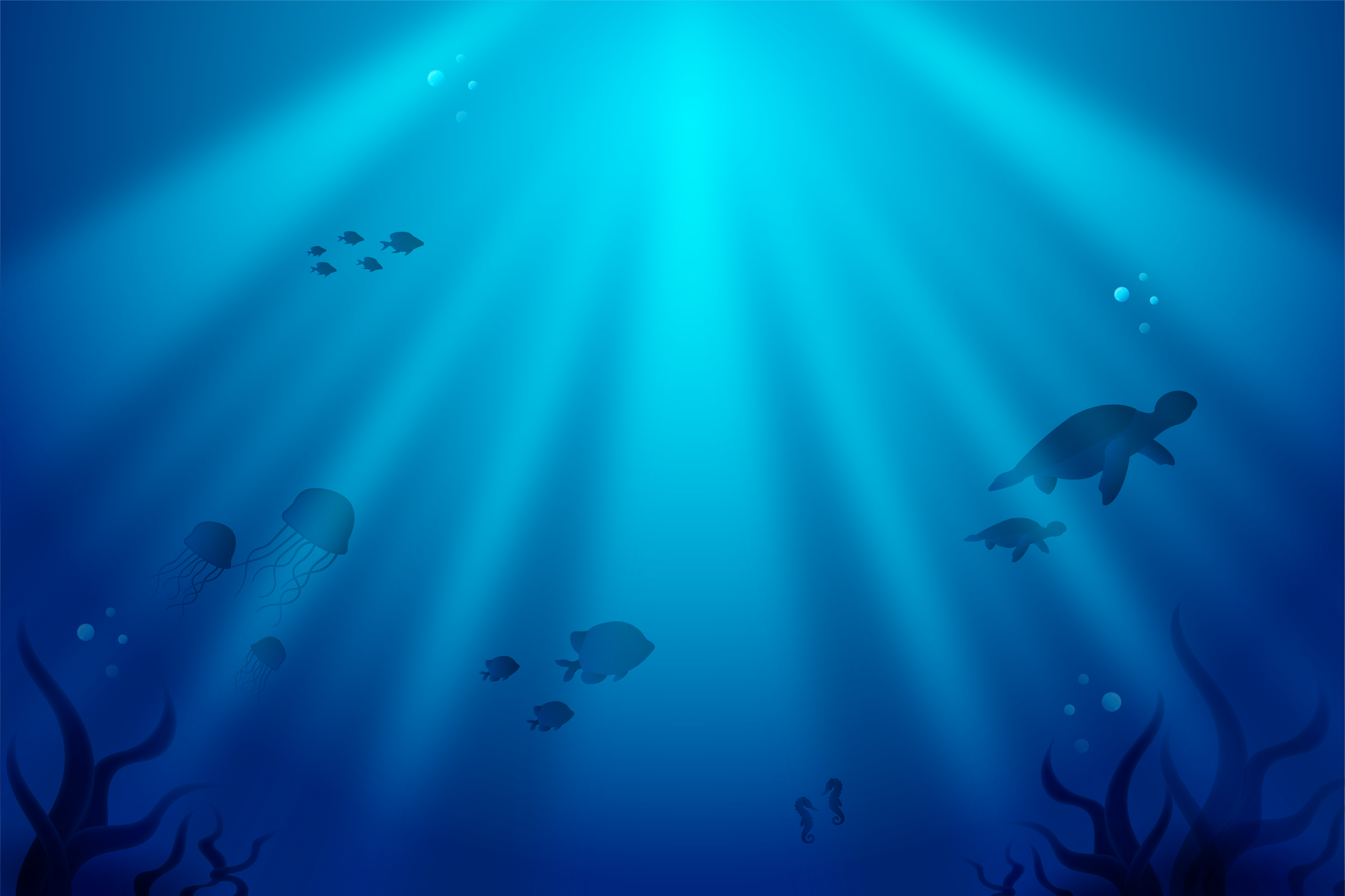 Background of glowing deep sea with silhouettes of jellyfish, turtles, fish, and seaweed